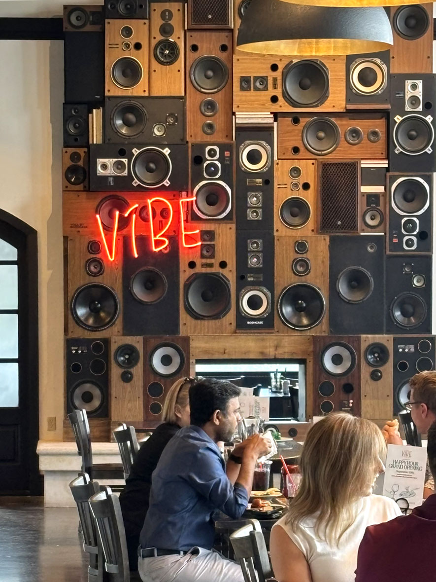 Custom Speaker Wall Denver Fiddlers Green Vintage Speakers Vibe Coffee and Wine